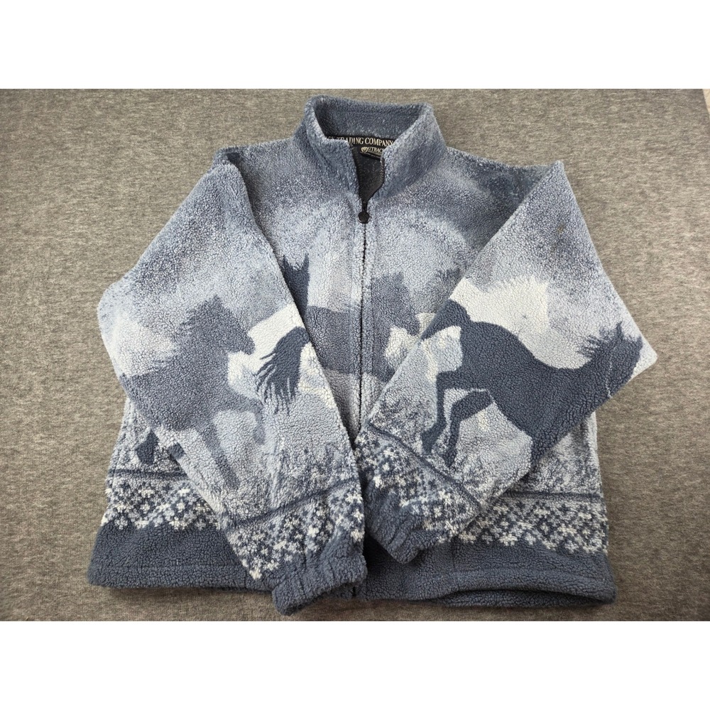 Outback Trading Co Fleece Men XL Blue Running Wild II Horse Graphic Full Zip vtg